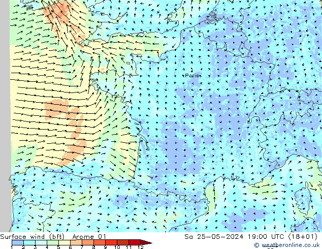 Viento 10 m (bft) Arome 01 sáb 25.05.2024 19 UTC