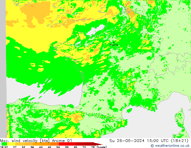 Max. wind velocity Arome 01 Dom 26.05.2024 15 UTC