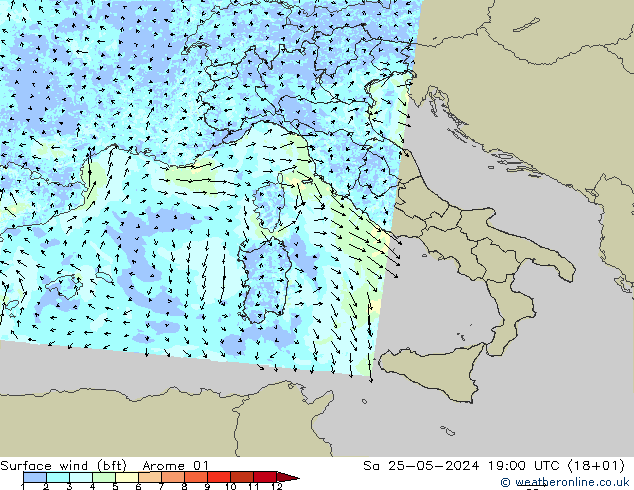 Surface wind (bft) Arome 01 Sa 25.05.2024 19 UTC