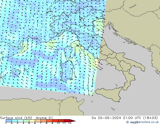 Surface wind (bft) Arome 01 So 25.05.2024 21 UTC