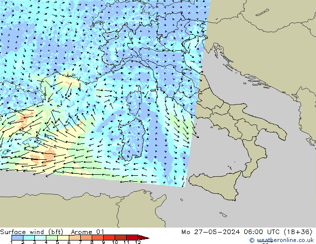 Viento 10 m (bft) Arome 01 lun 27.05.2024 06 UTC