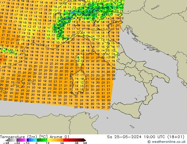 Temperatura (2m) Arome 01 sab 25.05.2024 19 UTC