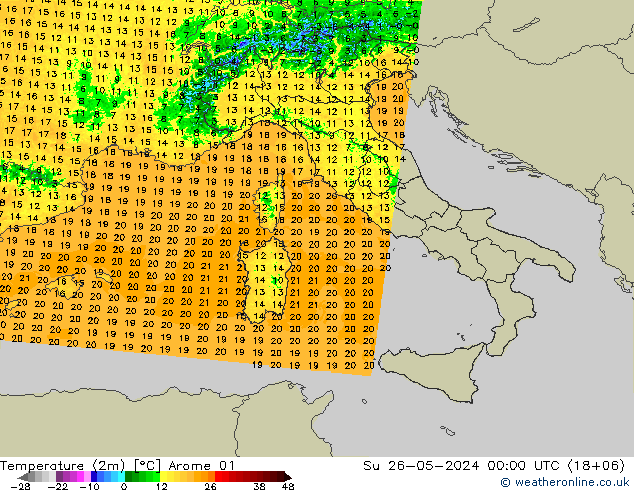 Temperatura (2m) Arome 01 Dom 26.05.2024 00 UTC