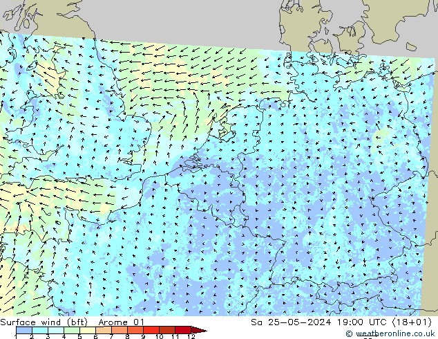 Vento 10 m (bft) Arome 01 sab 25.05.2024 19 UTC