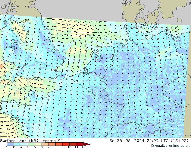 Surface wind (bft) Arome 01 Sa 25.05.2024 21 UTC
