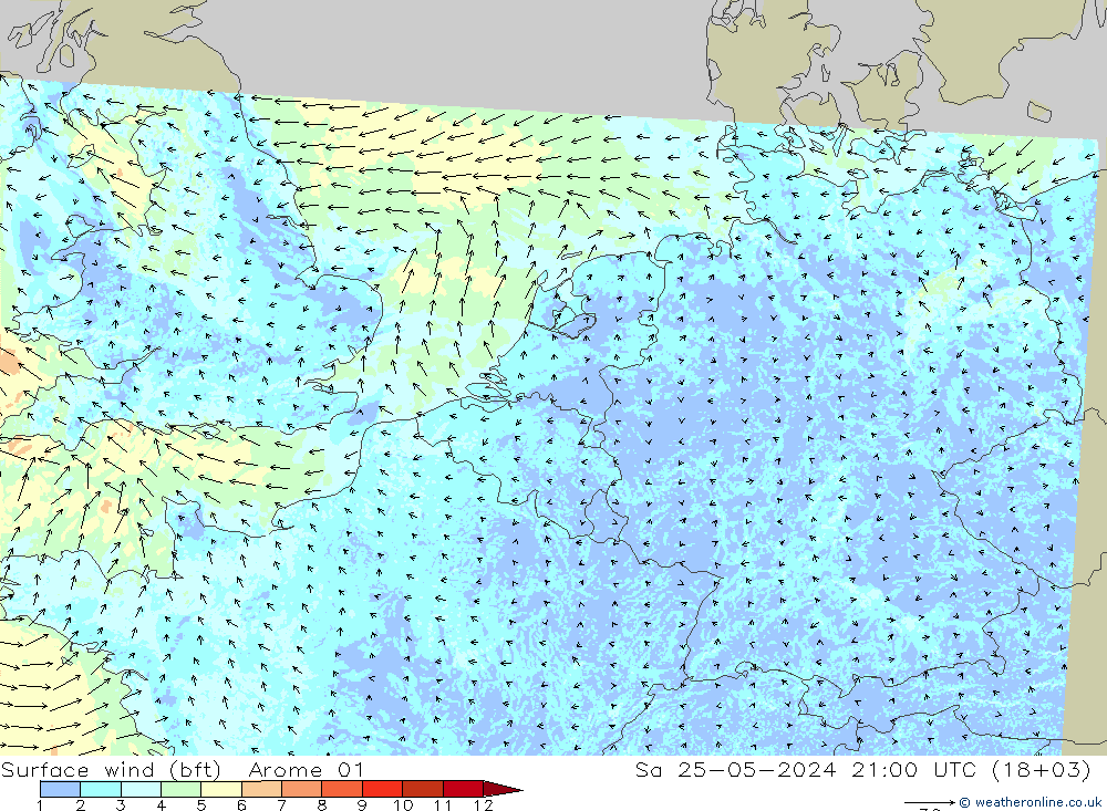 Surface wind (bft) Arome 01 Sa 25.05.2024 21 UTC