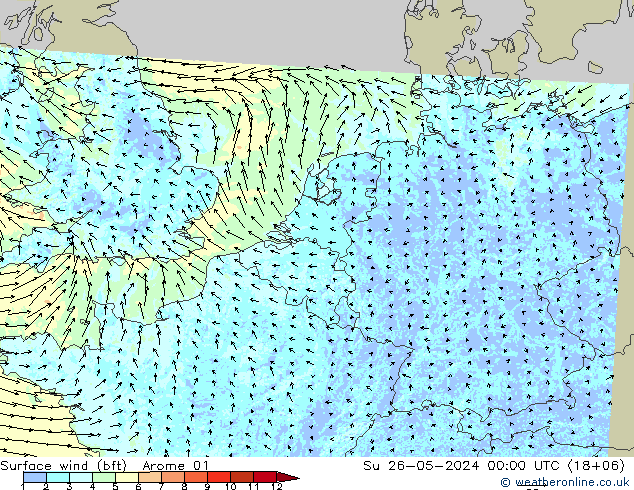 Vent 10 m (bft) Arome 01 dim 26.05.2024 00 UTC