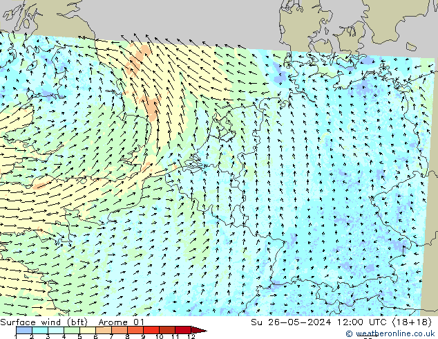 Vent 10 m (bft) Arome 01 dim 26.05.2024 12 UTC