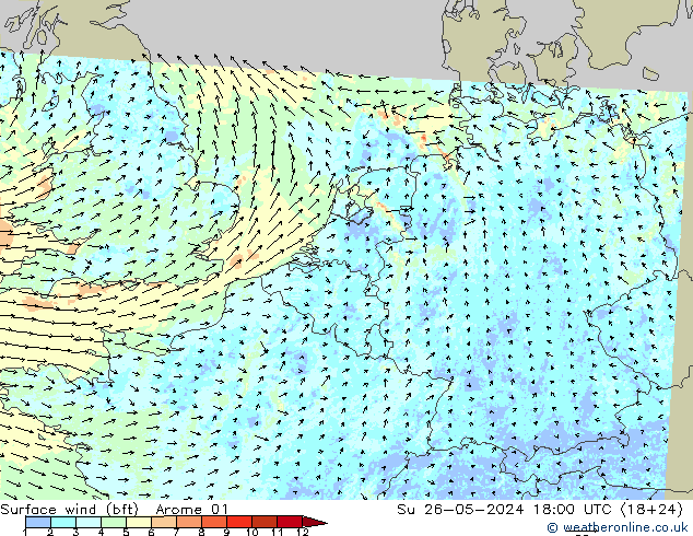 Surface wind (bft) Arome 01 Ne 26.05.2024 18 UTC