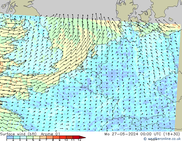 Vent 10 m (bft) Arome 01 lun 27.05.2024 00 UTC