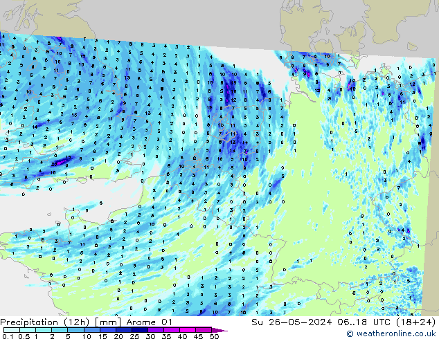 Nied. akkumuliert (12Std) Arome 01 So 26.05.2024 18 UTC