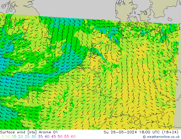 wiatr 10 m Arome 01 nie. 26.05.2024 18 UTC