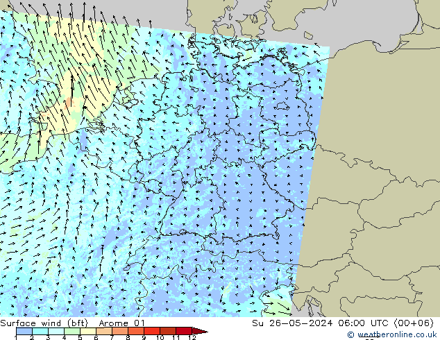 Surface wind (bft) Arome 01 Su 26.05.2024 06 UTC