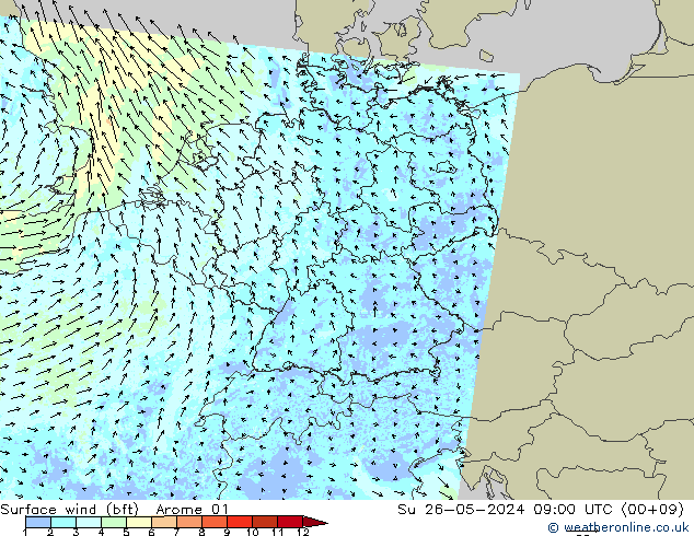 Wind 10 m (bft) Arome 01 zo 26.05.2024 09 UTC