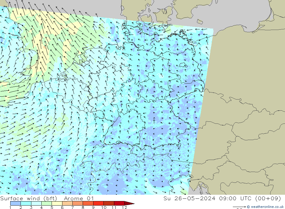 Surface wind (bft) Arome 01 Ne 26.05.2024 09 UTC