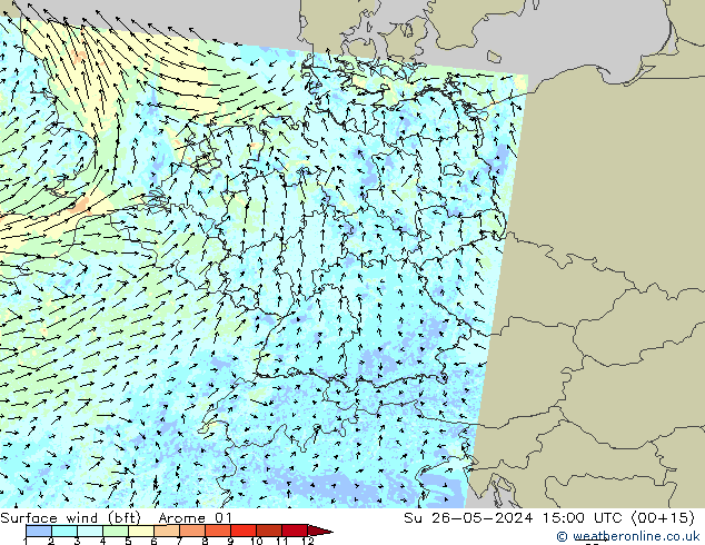 Rüzgar 10 m (bft) Arome 01 Paz 26.05.2024 15 UTC