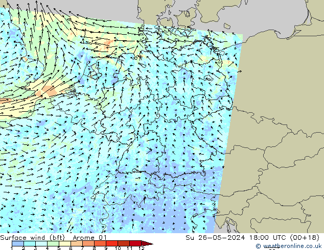 Surface wind (bft) Arome 01 Ne 26.05.2024 18 UTC