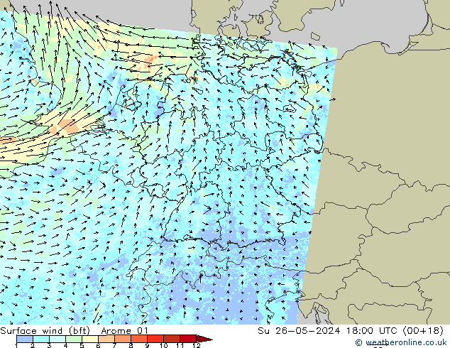 Viento 10 m (bft) Arome 01 dom 26.05.2024 18 UTC