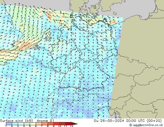 Bodenwind (bft) Arome 01 So 26.05.2024 20 UTC