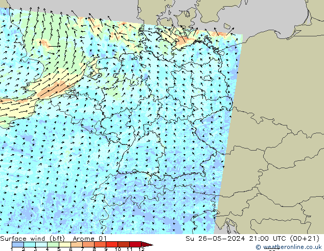 Vent 10 m (bft) Arome 01 dim 26.05.2024 21 UTC