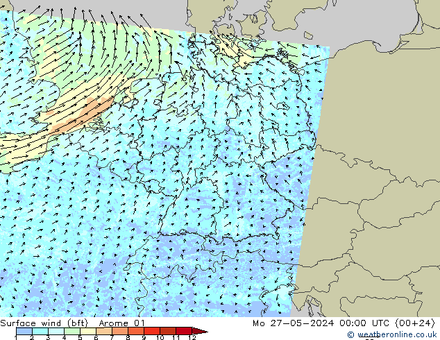 Surface wind (bft) Arome 01 Mo 27.05.2024 00 UTC