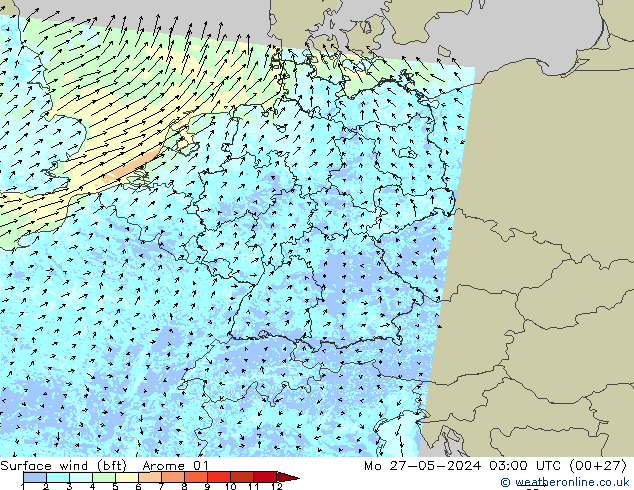 Rüzgar 10 m (bft) Arome 01 Pzt 27.05.2024 03 UTC