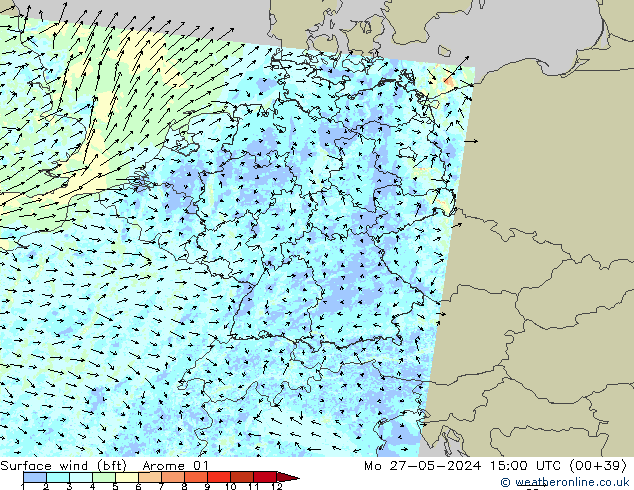 Surface wind (bft) Arome 01 Mo 27.05.2024 15 UTC