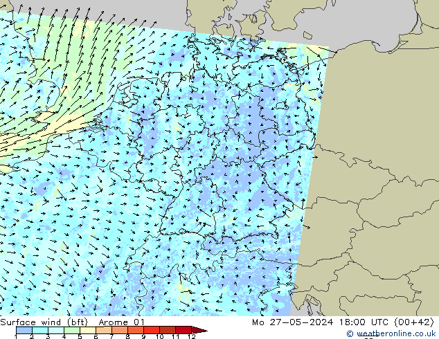 Surface wind (bft) Arome 01 Mo 27.05.2024 18 UTC