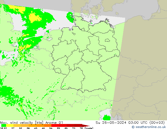 Maks. Rüzgar Hızı Arome 01 Paz 26.05.2024 03 UTC