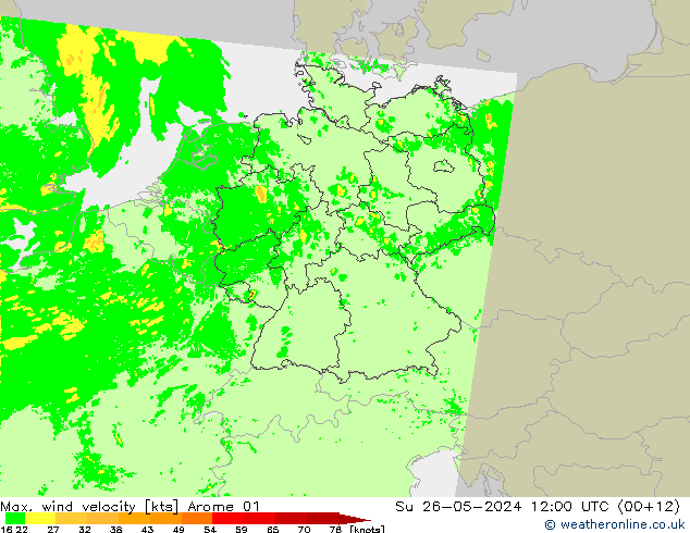 Max. wind velocity Arome 01 Ne 26.05.2024 12 UTC