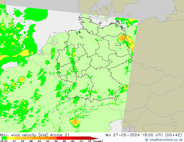 Max. wind velocity Arome 01 Po 27.05.2024 18 UTC