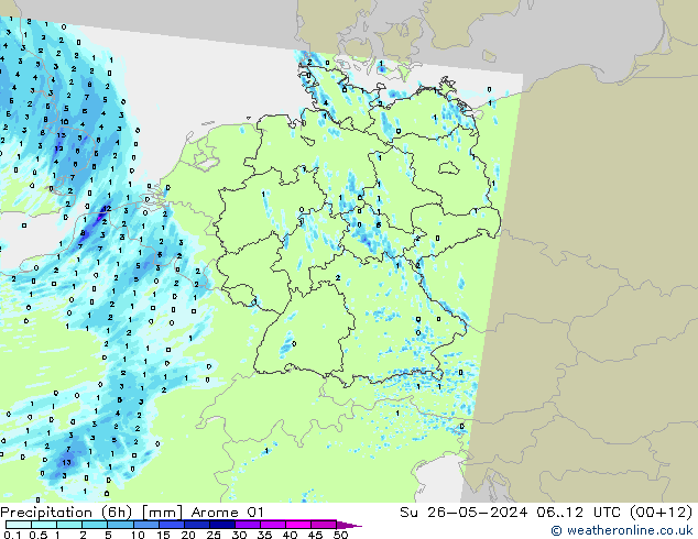 Totale neerslag (6h) Arome 01 zo 26.05.2024 12 UTC