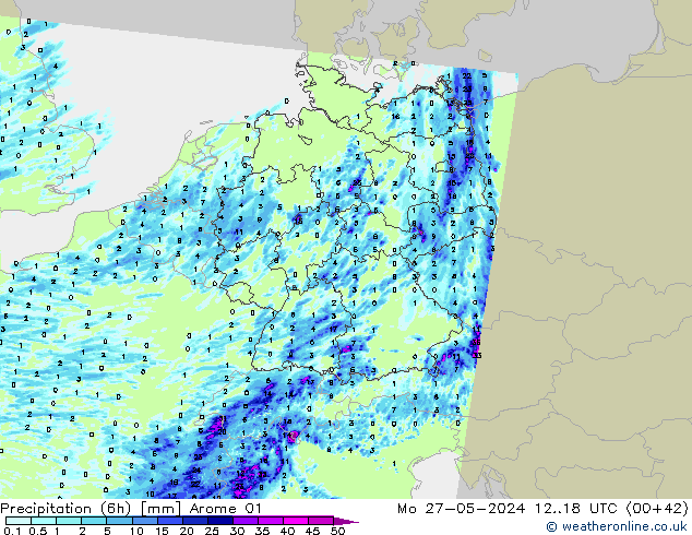 Precipitazione (6h) Arome 01 lun 27.05.2024 18 UTC