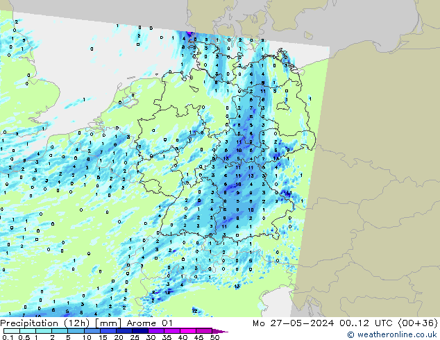 Precipitation (12h) Arome 01 Po 27.05.2024 12 UTC