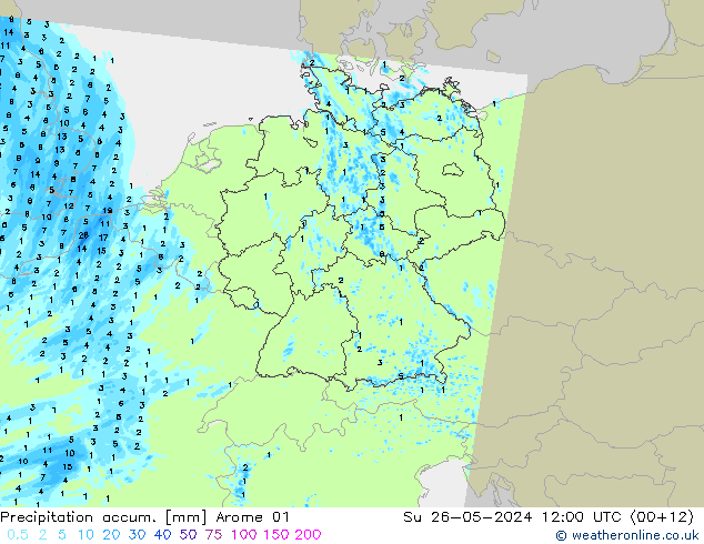 Precipitation accum. Arome 01 Su 26.05.2024 12 UTC