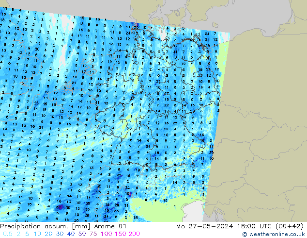 Totale neerslag Arome 01 ma 27.05.2024 18 UTC