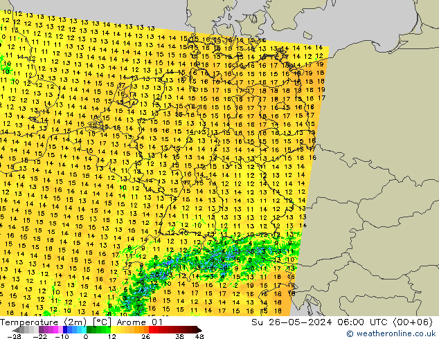 Sıcaklık Haritası (2m) Arome 01 Paz 26.05.2024 06 UTC