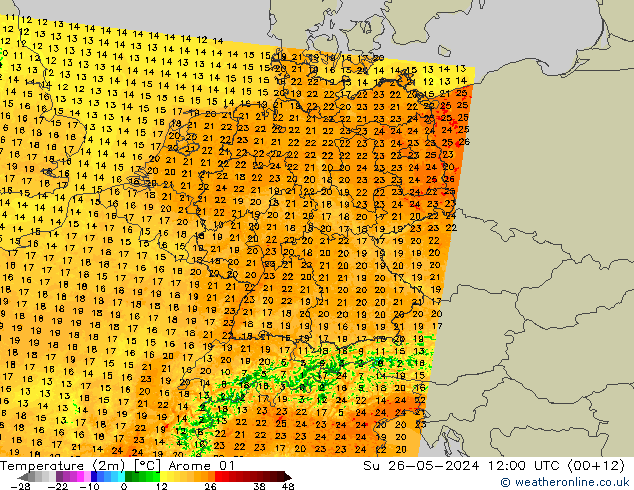 Temperature (2m) Arome 01 Su 26.05.2024 12 UTC