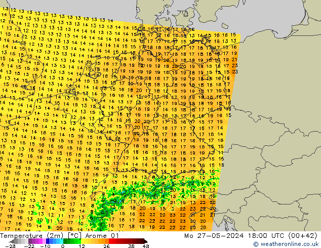 Temperaturkarte (2m) Arome 01 Mo 27.05.2024 18 UTC