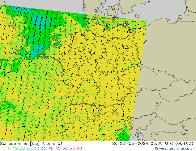 Viento 10 m Arome 01 dom 26.05.2024 03 UTC