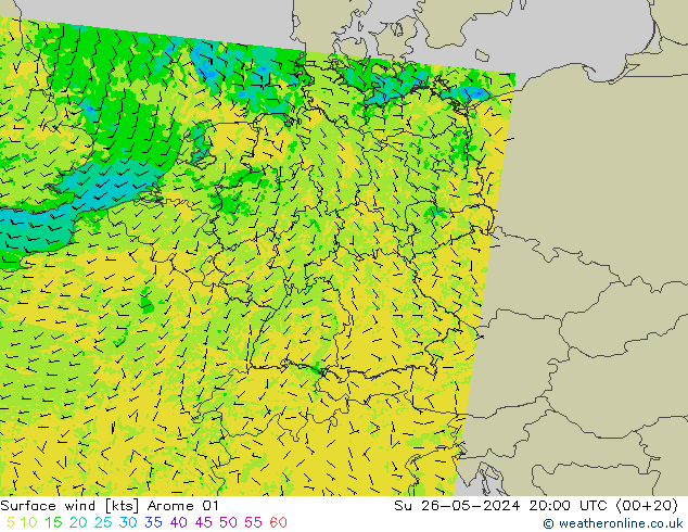 风 10 米 Arome 01 星期日 26.05.2024 20 UTC