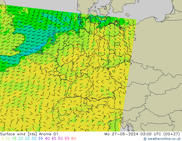 Vento 10 m Arome 01 lun 27.05.2024 03 UTC