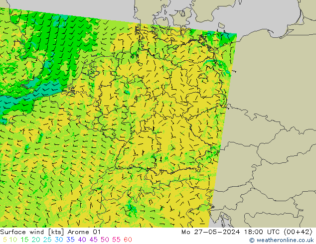 Rüzgar 10 m Arome 01 Pzt 27.05.2024 18 UTC