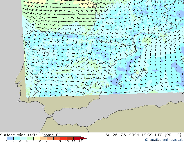 Surface wind (bft) Arome 01 Ne 26.05.2024 12 UTC