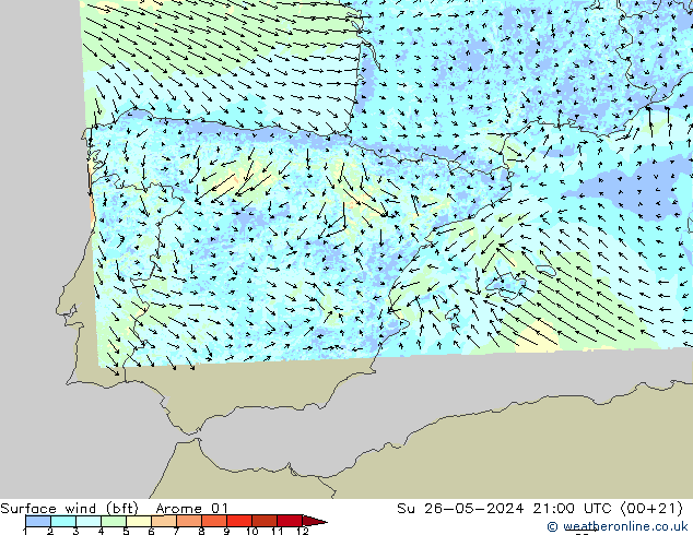 Viento 10 m (bft) Arome 01 dom 26.05.2024 21 UTC