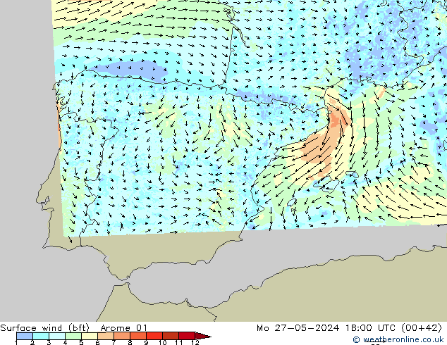 Viento 10 m (bft) Arome 01 lun 27.05.2024 18 UTC