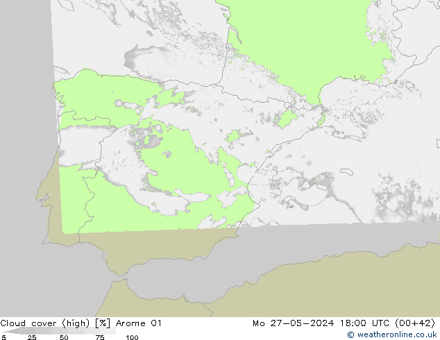 Cloud cover (high) Arome 01 Mo 27.05.2024 18 UTC