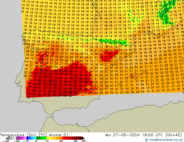 Temperatura (2m) Arome 01 Seg 27.05.2024 18 UTC