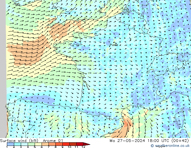 Surface wind (bft) Arome 01 Po 27.05.2024 18 UTC