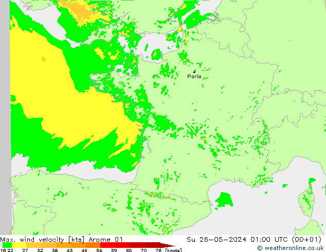 Max. wind velocity Arome 01 Ne 26.05.2024 01 UTC